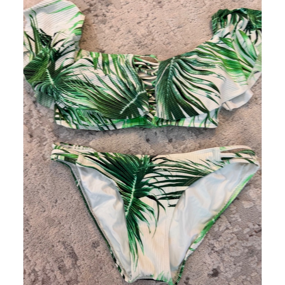 Tini Bikini Palm Leaf Tropical Ruffle Off Shoulder Two Piece Swimsuit Set Small